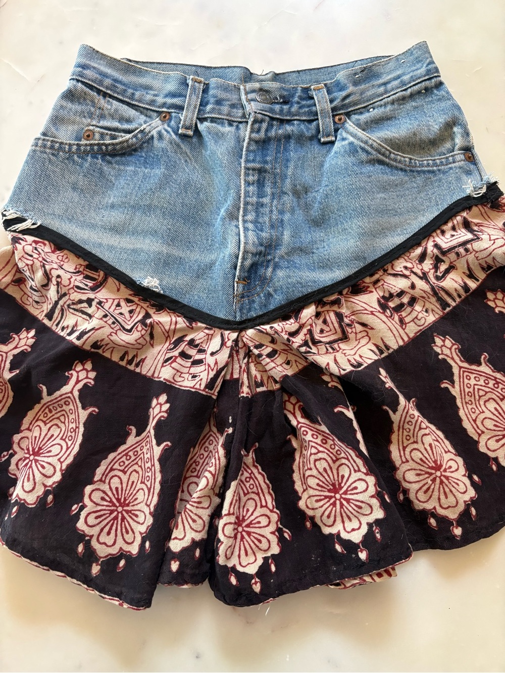 Levi's Denim Patchwork Blue and Black Boho Mini Skirt